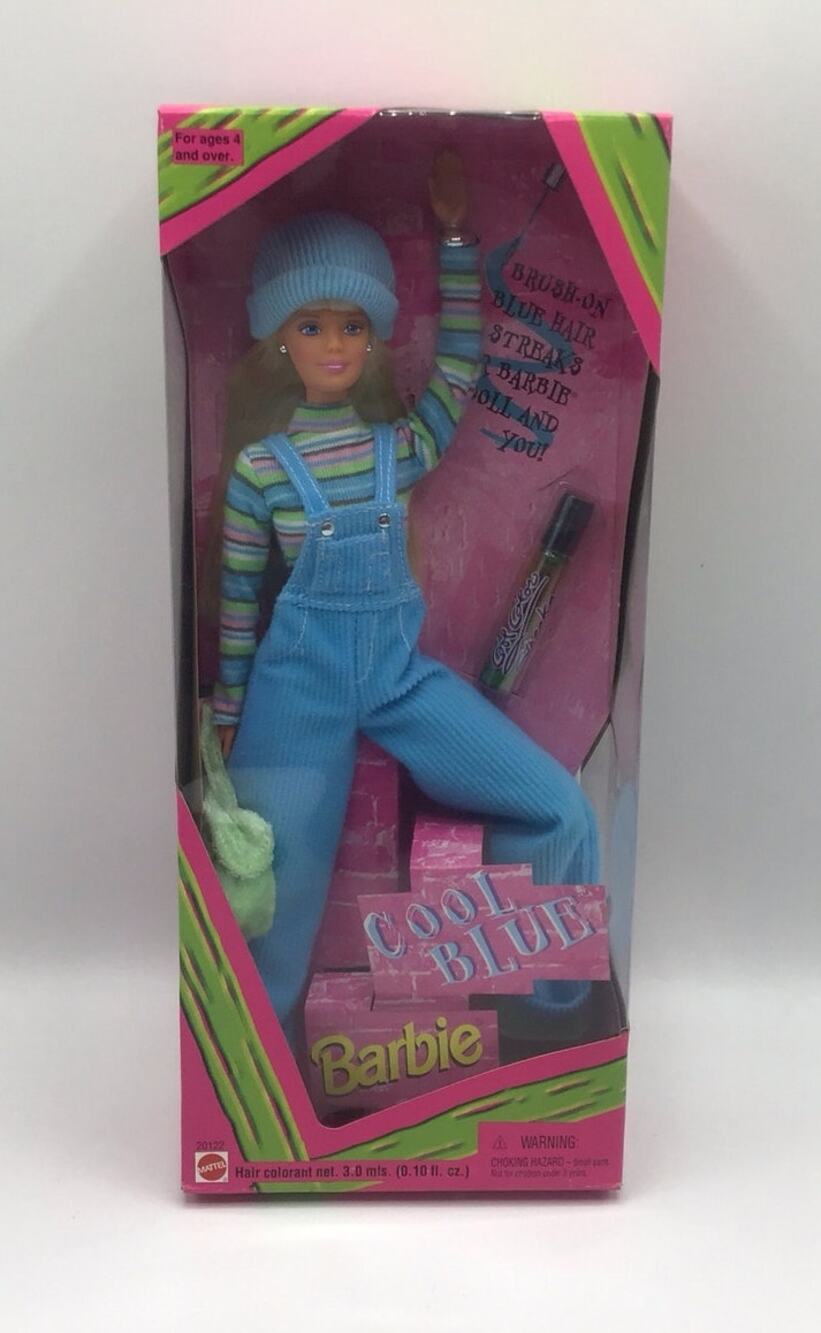 Vintage 1997 Cool Blue Barbie Mattel  Corduroy Overalls Hair Color Streaks NRFB